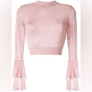 Self-Portrait Pink Metallic Ribbed Crop Sweater with Tiered Bell Sleeves